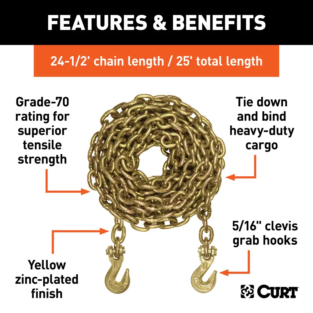 25' Transport Binder Safety Chain with 2 Clevis Hooks (18,800 lbs, Yellow Zinc) - Thumbnail 3