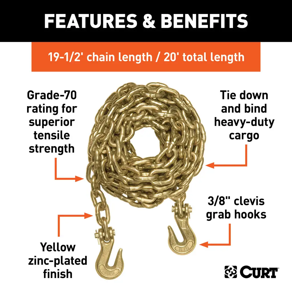 20' Transport Binder Safety Chain with 2 Clevis Hooks (26,400 lbs, Yellow Zinc) - Thumbnail 3