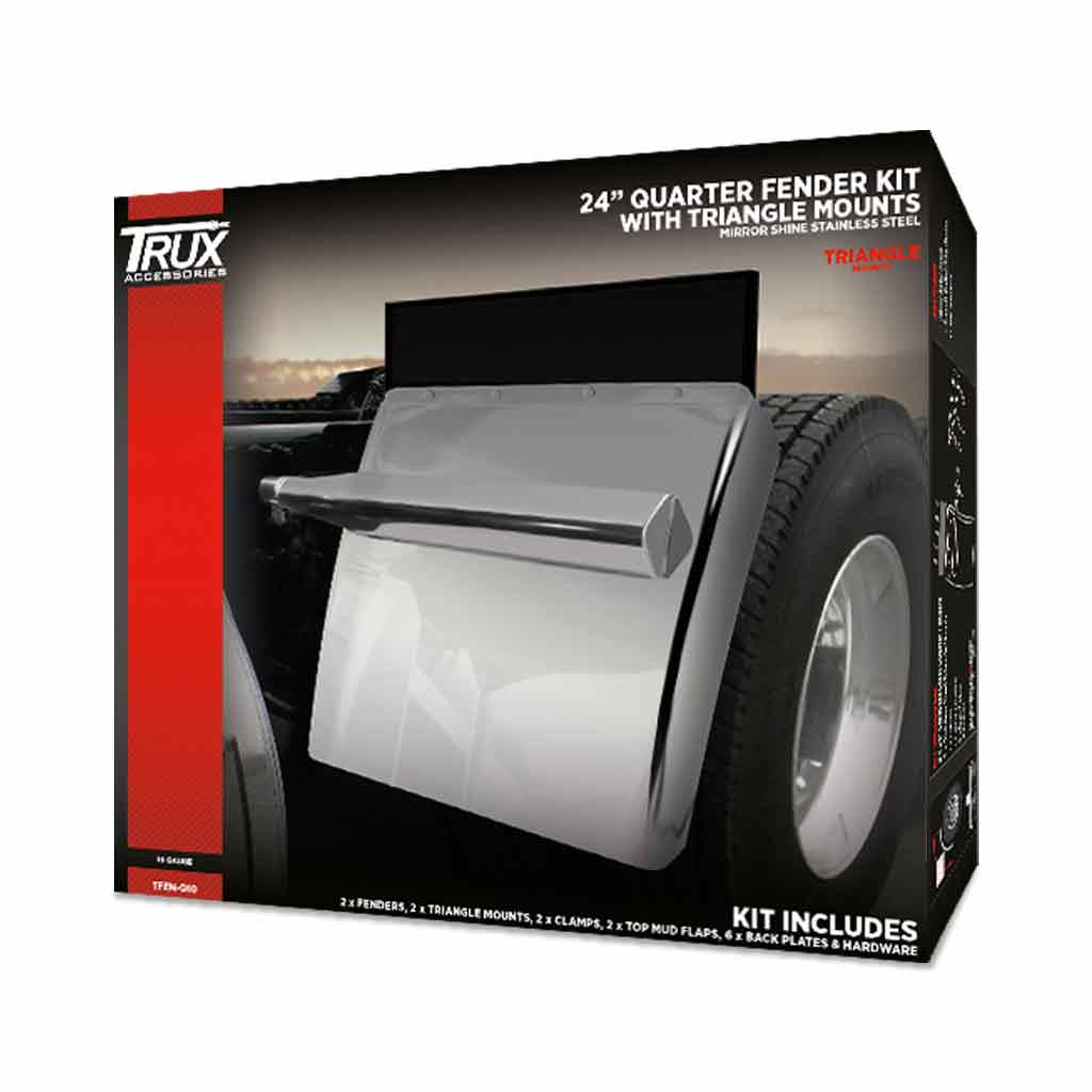 24" Quarter Fender Kit with Triangle Mounts - 16 Gauge | Mirror Shine Stainless Steel - Thumbnail 2