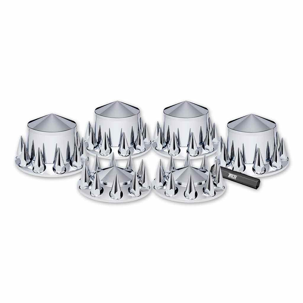 Complete Axle Cover Kit with Removable Hubcaps & 33mm Threaded Pointed Nut Covers - Pointed Hubcaps | Chrome ABS Plastic