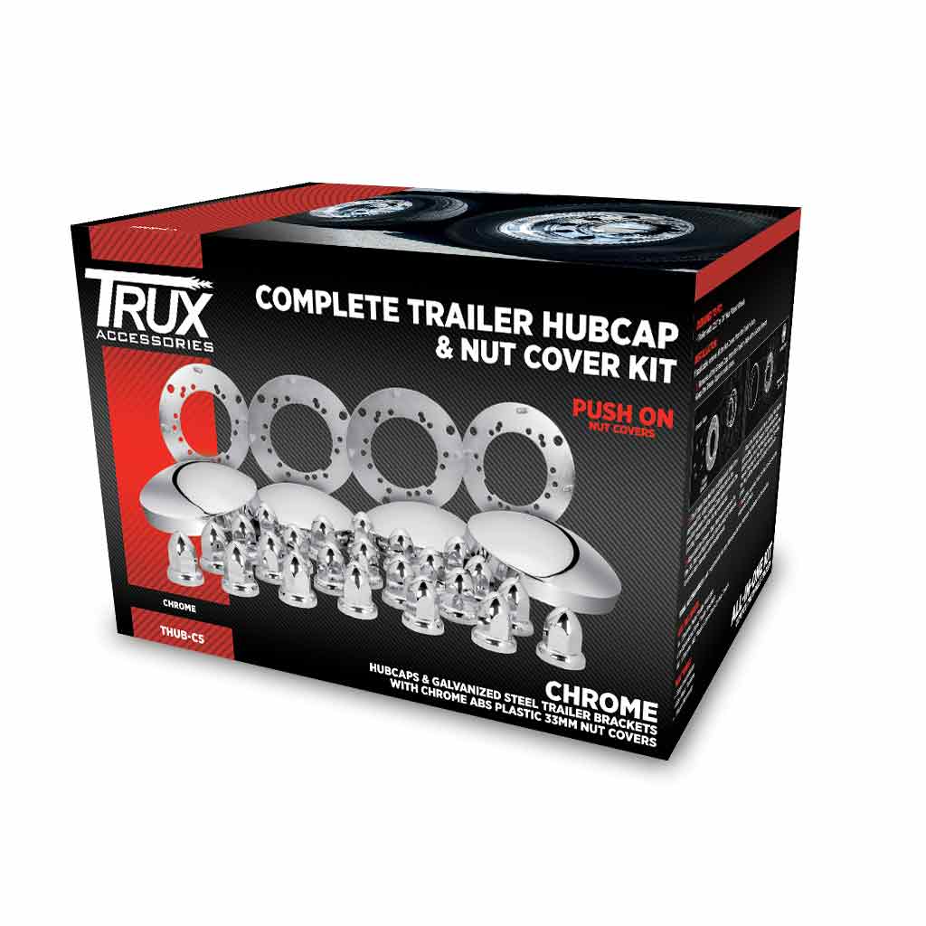 Complete Trailer Hubcap & Nut Cover Kit - 33mm Push On Nut Covers | Dome Hubcaps | Chrome Metal