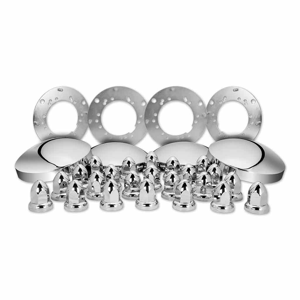 Complete Trailer Hubcap & Nut Cover Kit - 33mm Push On Nut Covers | Dome Hubcaps | Chrome Metal - Thumbnail 2
