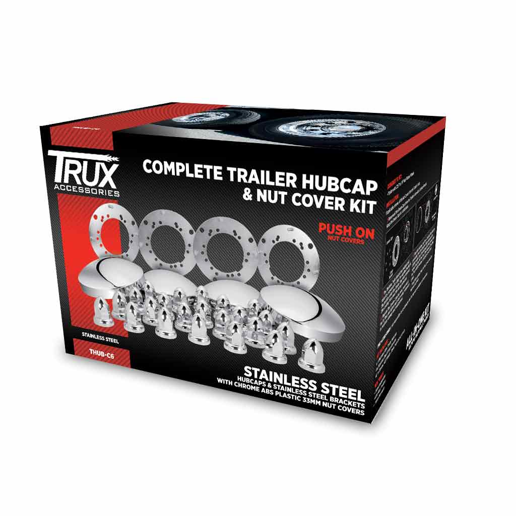 Complete Trailer Hubcap & Nut Cover Kit - 33mm Push On Nut Covers | Dome Hubcaps | Stainless Steel - Thumbnail 2