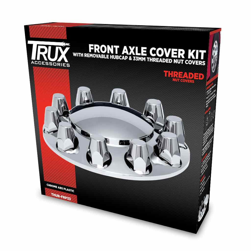 Front Axle Cover Kit with Removable Hubcap & 33mm Threaded Nut Covers - Dome Hubcap | Chrome ABS Plastic