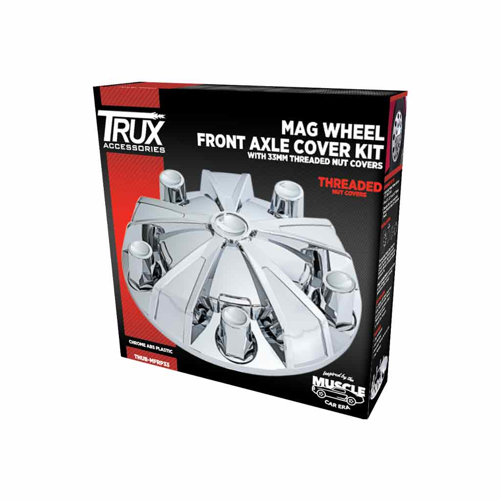 Chrome ABS Plastic Front Mag Wheel Axle Cover Kit with Removable Center Cap & 33mm Threaded Nut Covers - Thumbnail 4