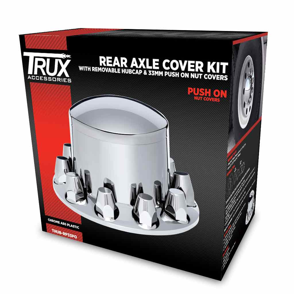 Rear Axle Cover Kit with Removable Hubcap & 33mm Push On Nut Covers - Dome Hubcap | Chrome ABS Plastic - Thumbnail 5