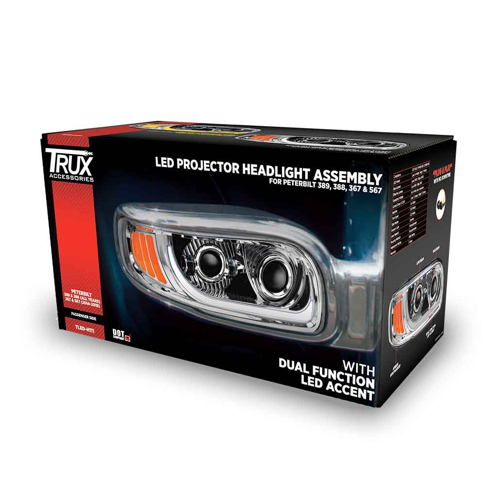 PB. 389/388/367/567 LED Projector Headlight Assembly with- Chrome (Passenger Side)