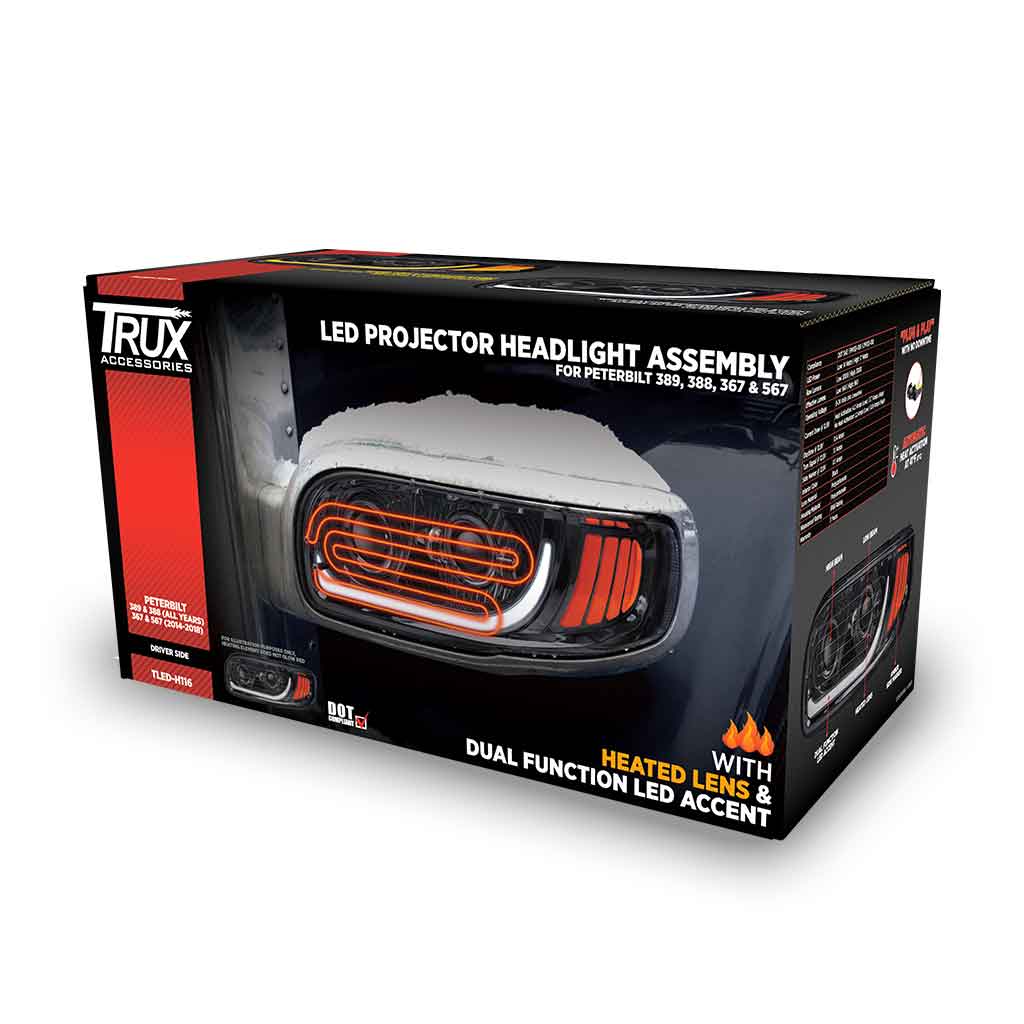 PB. 389/388/367/567 Heated LED Projector Headlight Assembly - Black (Driver Side) - Thumbnail 4