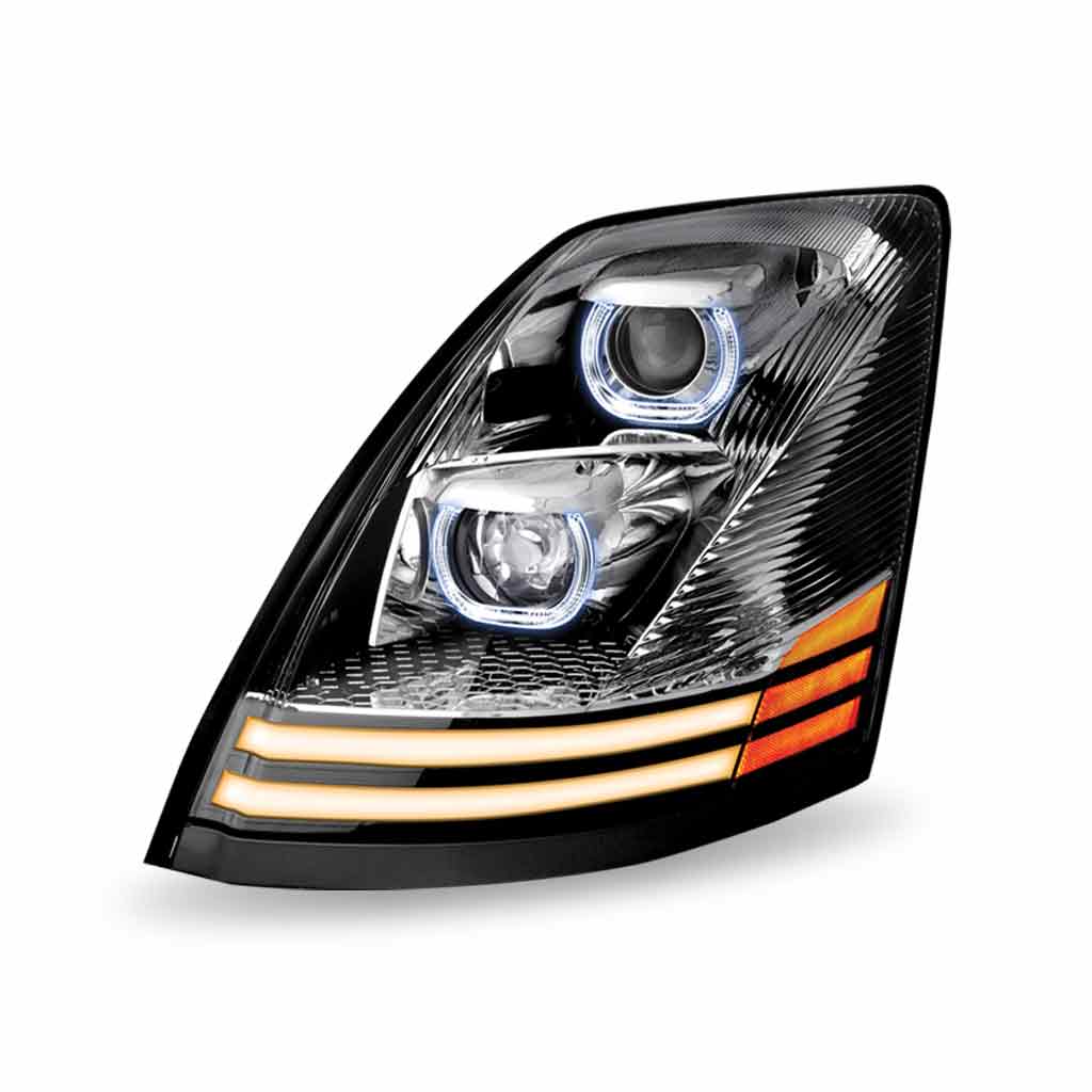 Volvo VN/VNL LED Projector Headlight Assembly with LED Glow Position, Turn & Marker Accents - Chrome (Driver Side) - Thumbnail 4