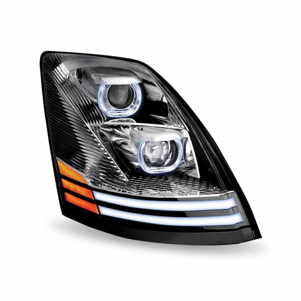 Volvo VN/VNL LED Projector Headlight Assembly with LED Glow Position, Turn & Marker Accents - Chrome (Passenger Side)