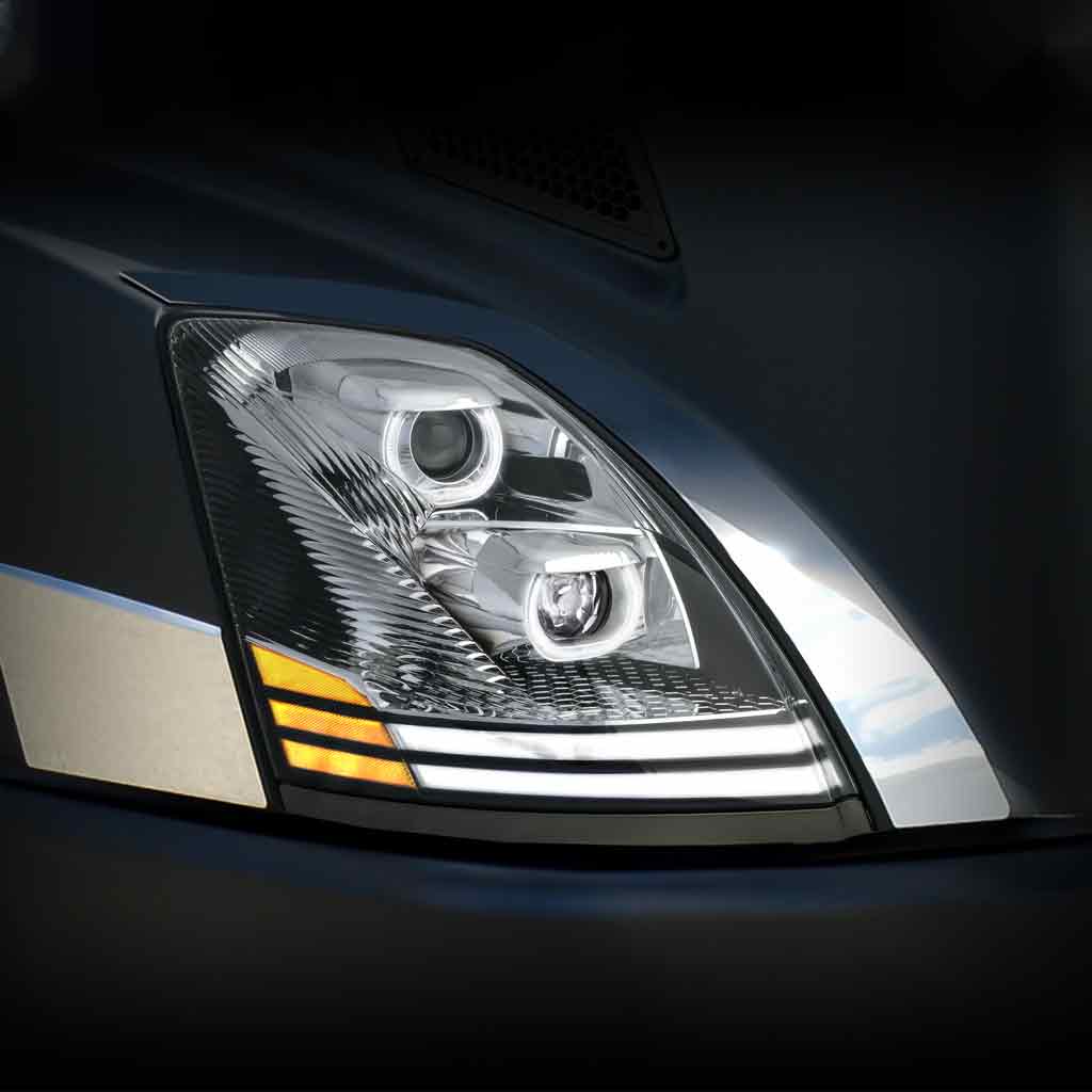 Volvo VN/VNL LED Projector Headlight Assembly with LED Glow Position, Turn & Marker Accents - Chrome (Passenger Side) - Thumbnail 3