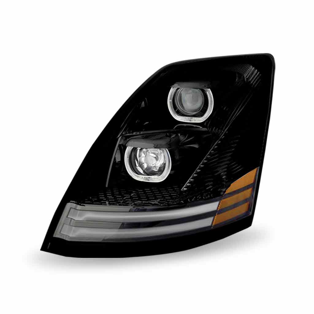 Volvo VN/VNL LED Projector Headlight Assembly with LED Glow Position, Turn & Marker Accents - Black (Driver Side)