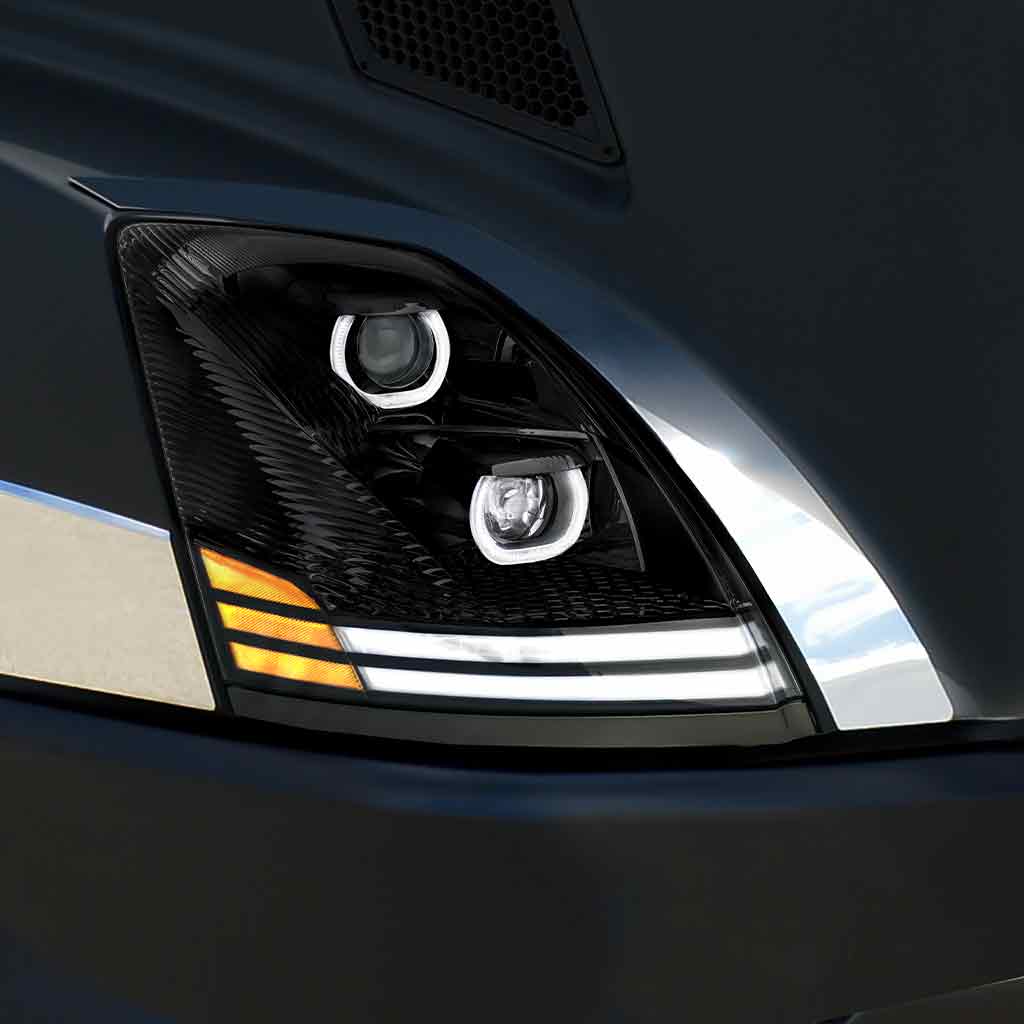Volvo VN/VNL LED Projector Headlight Assembly with LED Glow Position, Turn & Marker Accents - Black (Passenger Side)