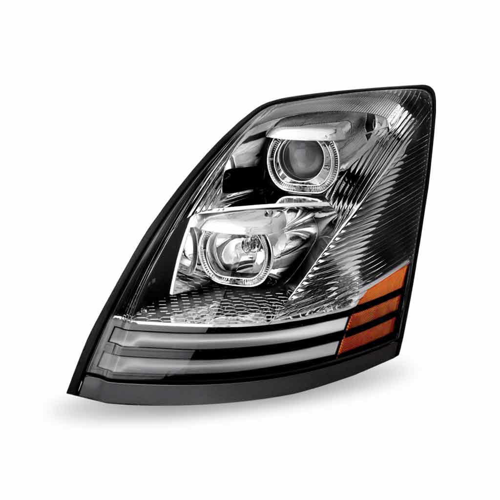 Volvo VN/VNL Halogen Projector Headlight Assembly with LED Glow Position, Turn & Marker Accents - Chrome (Driver Side)