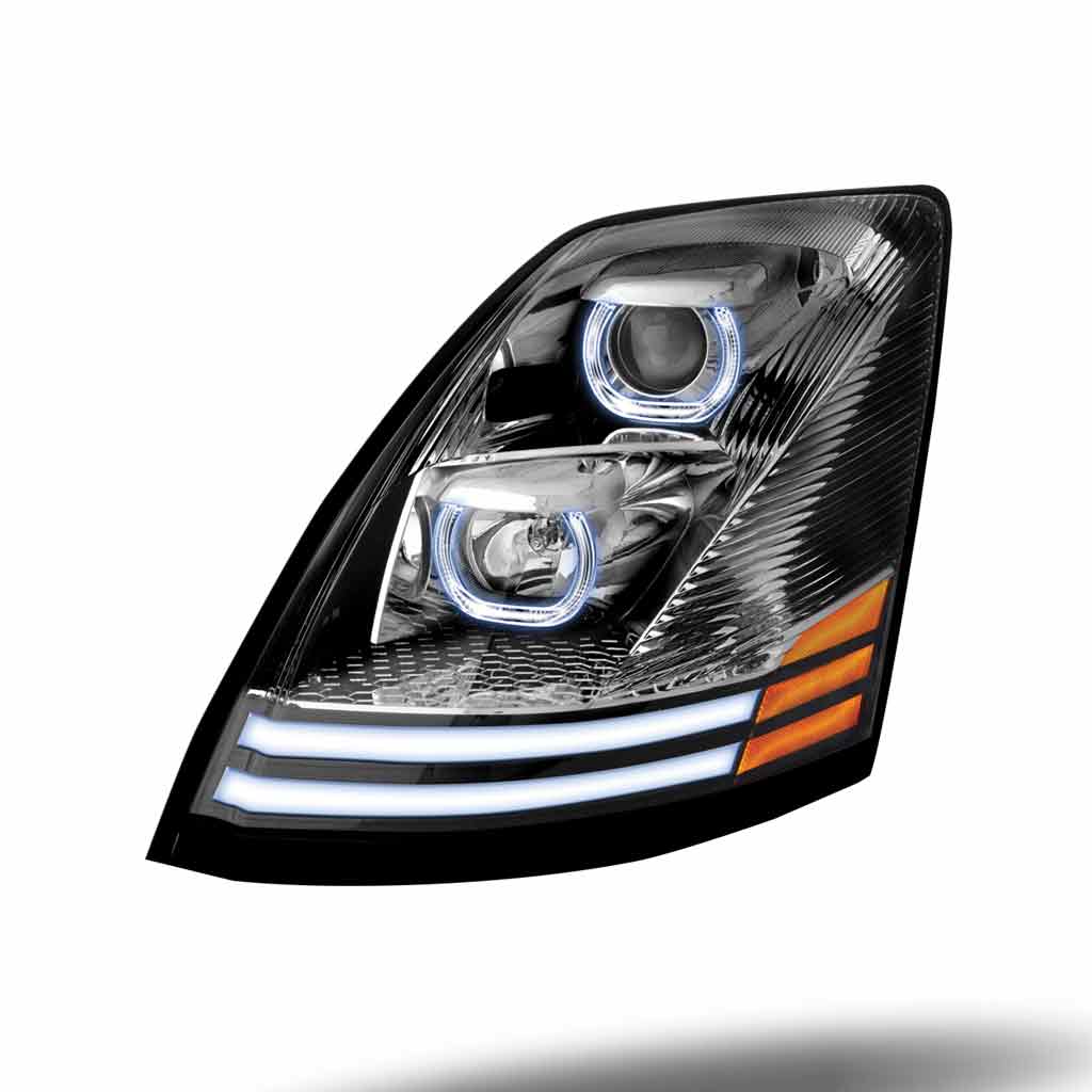 Volvo VN/VNL Halogen Projector Headlight Assembly with LED Glow Position, Turn & Marker Accents - Chrome (Driver Side) - Thumbnail 2