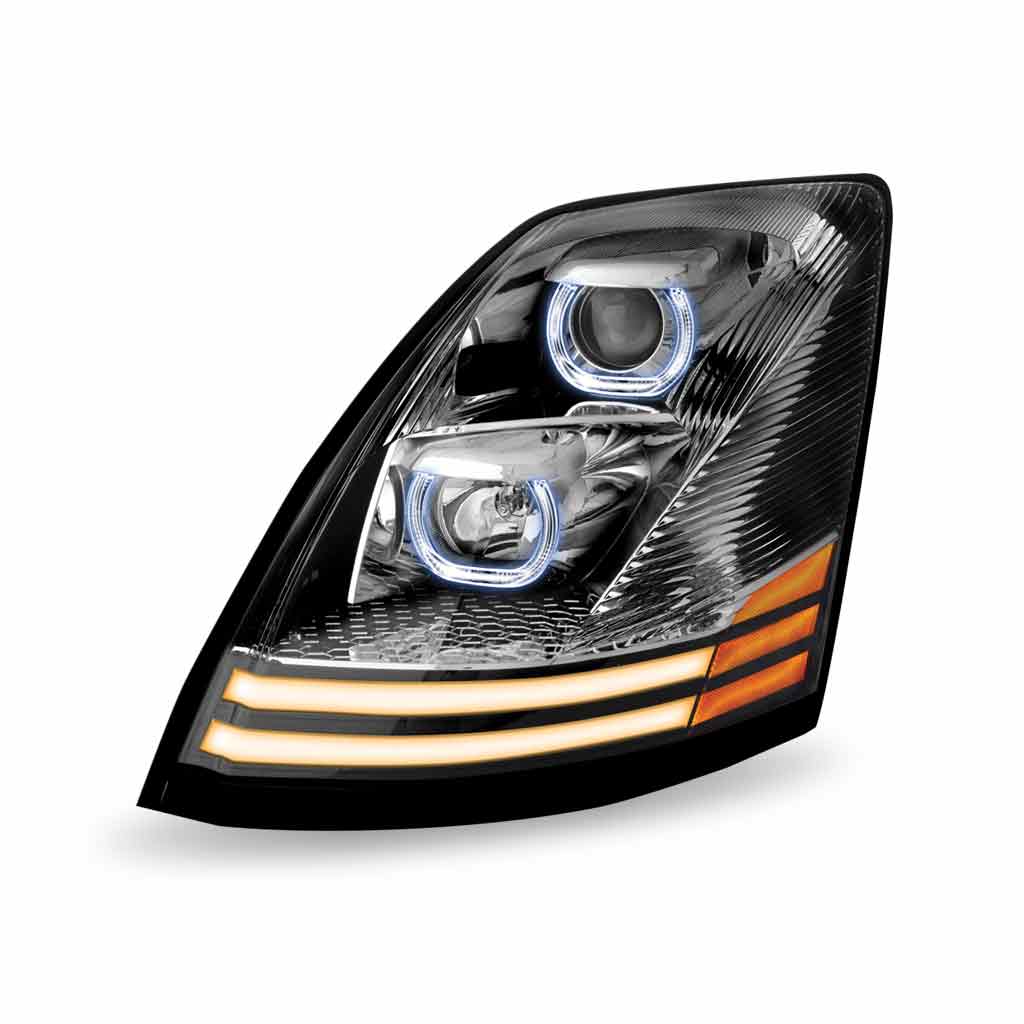 Volvo VN/VNL Halogen Projector Headlight Assembly with LED Glow Position, Turn & Marker Accents - Chrome (Driver Side) - Thumbnail 3