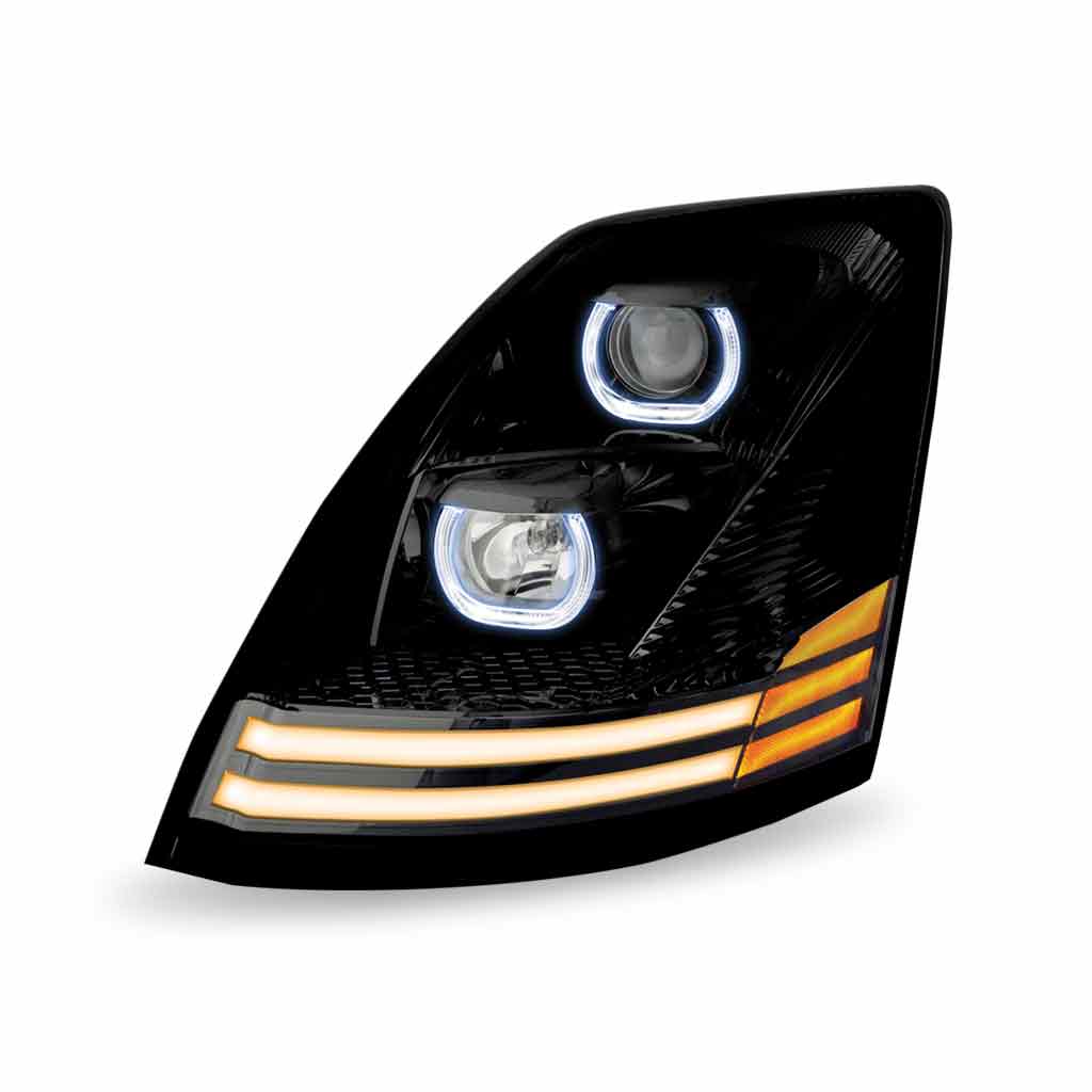 Volvo VN/VNL Halogen Projector Headlight Assembly with LED Glow Position, Turn & Marker Accents - Black (Driver Side) - Thumbnail 4