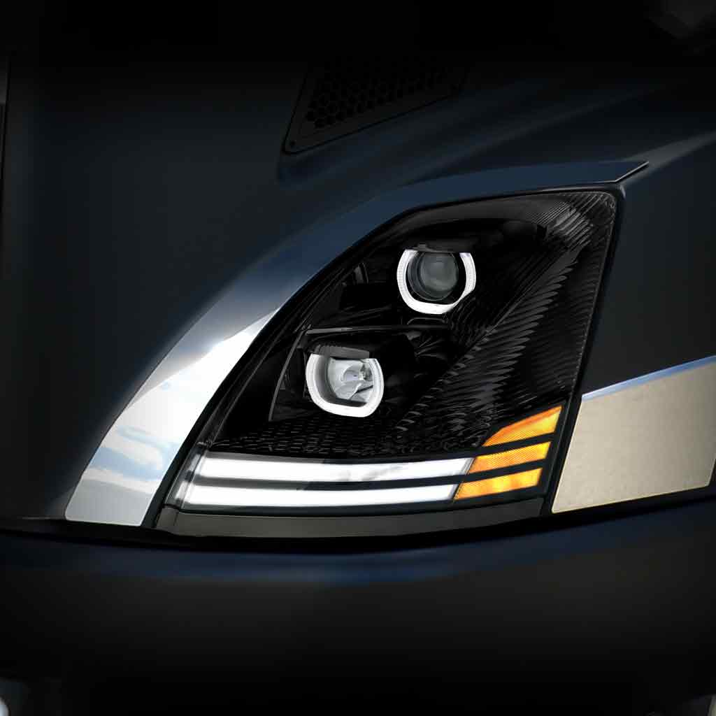 Volvo VN/VNL Halogen Projector Headlight Assembly with LED Glow Position, Turn & Marker Accents - Black (Driver Side) - Thumbnail 5