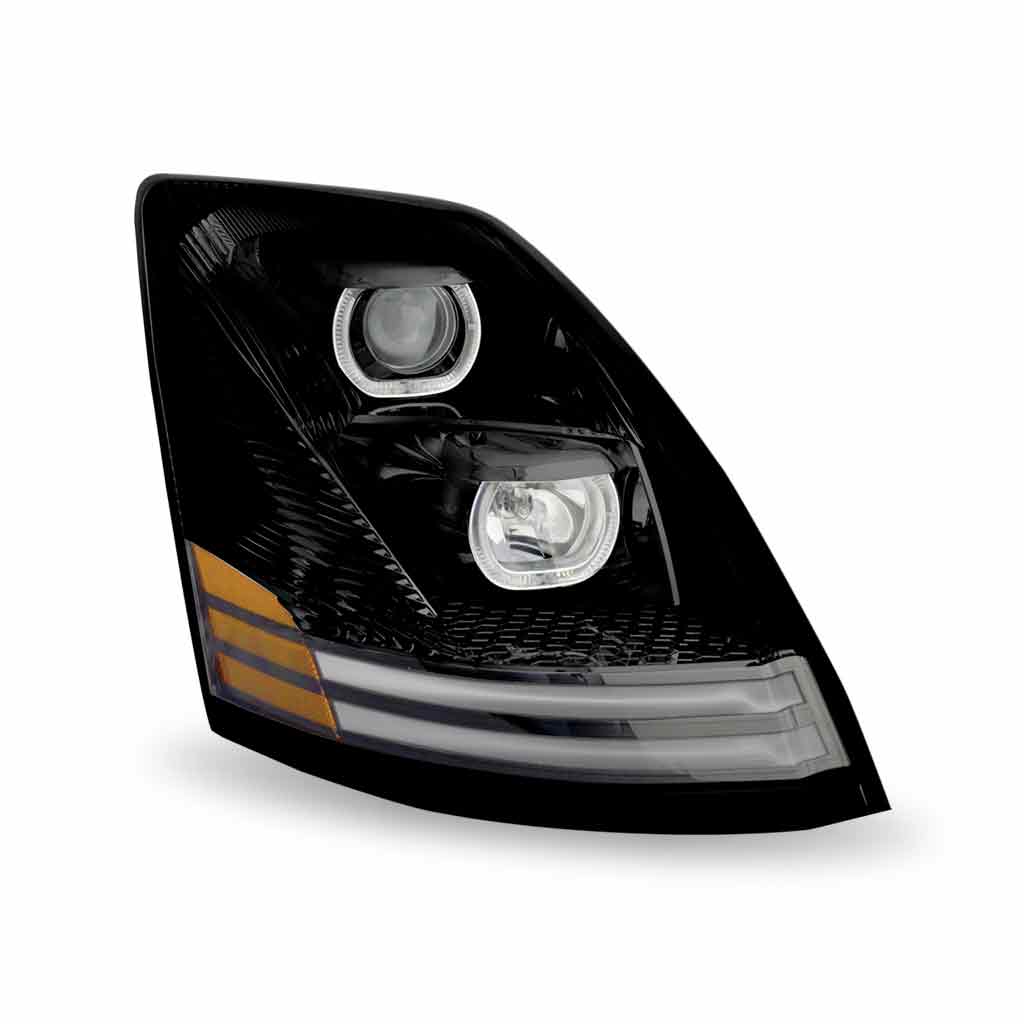 Volvo VN/VNL Halogen Projector Headlight Assembly with LED Glow Position, Turn & Marker Accents - Black (Passenger Side) - Thumbnail 3