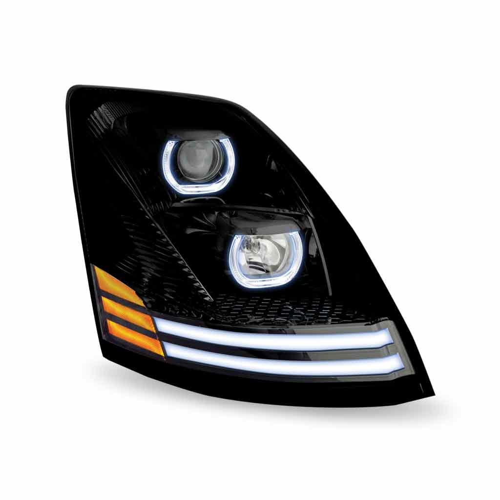 Volvo VN/VNL Halogen Projector Headlight Assembly with LED Glow Position, Turn & Marker Accents - Black (Passenger Side) - Thumbnail 4