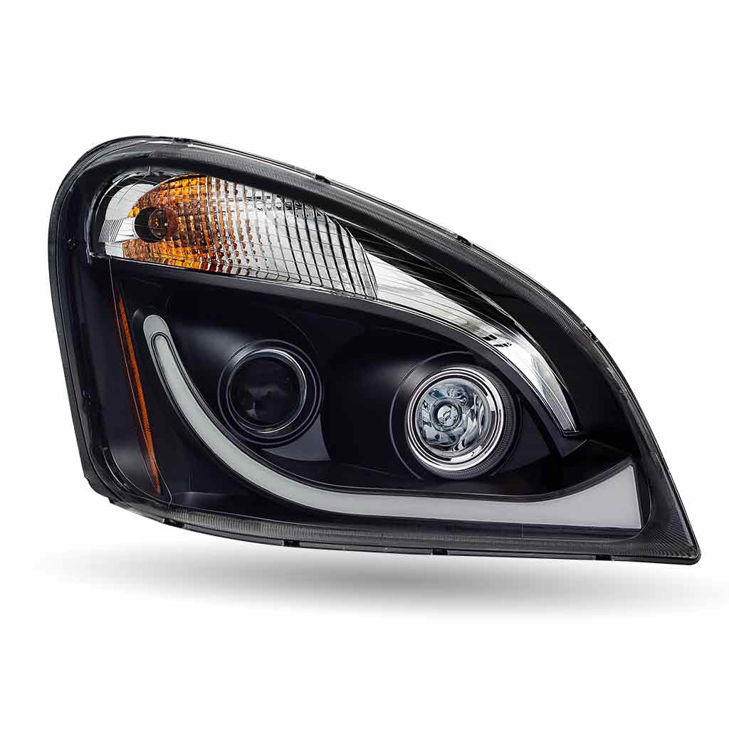 FTL. Cascadia LED Projector Headlight Assembly with LED Glow Position, Turn & Marker Accent - Black (Passenger Side)