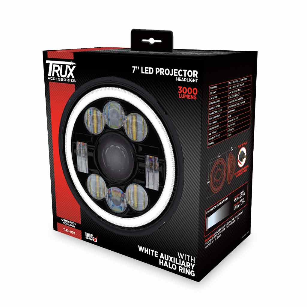 7" LED Projector Headlight with Glow Position LED Halo - Combination High & Low Beam | 3000 Lumens - Thumbnail 11