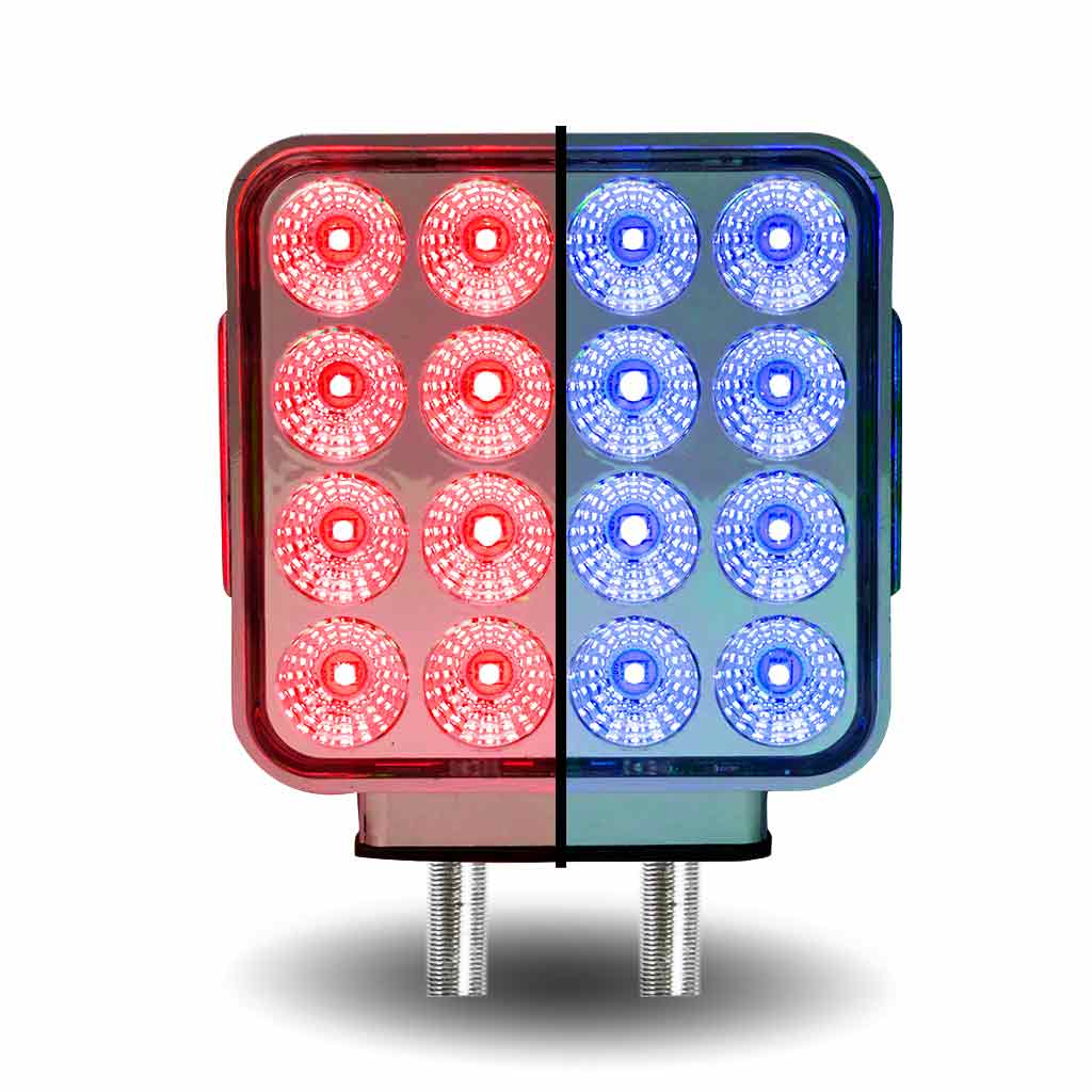 Amber/Red Turn & Marker to Blue Auxiliary Square Reflector Double Face LED Light - Double Post | 38 Diodes | Clear Lens - Thumbnail 11