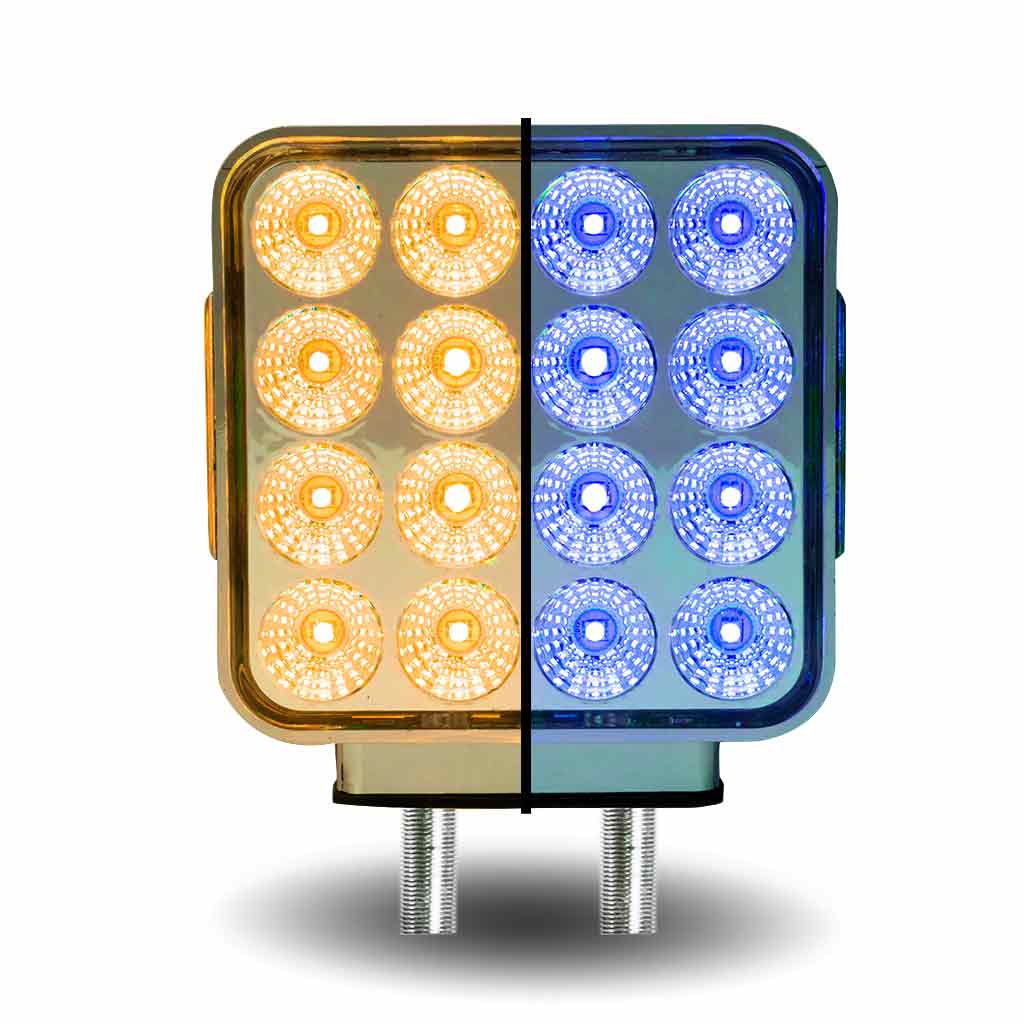 Amber/Red Turn & Marker to Blue Auxiliary Square Reflector Double Face LED Light - Double Post | 38 Diodes | Clear Lens - Thumbnail 3