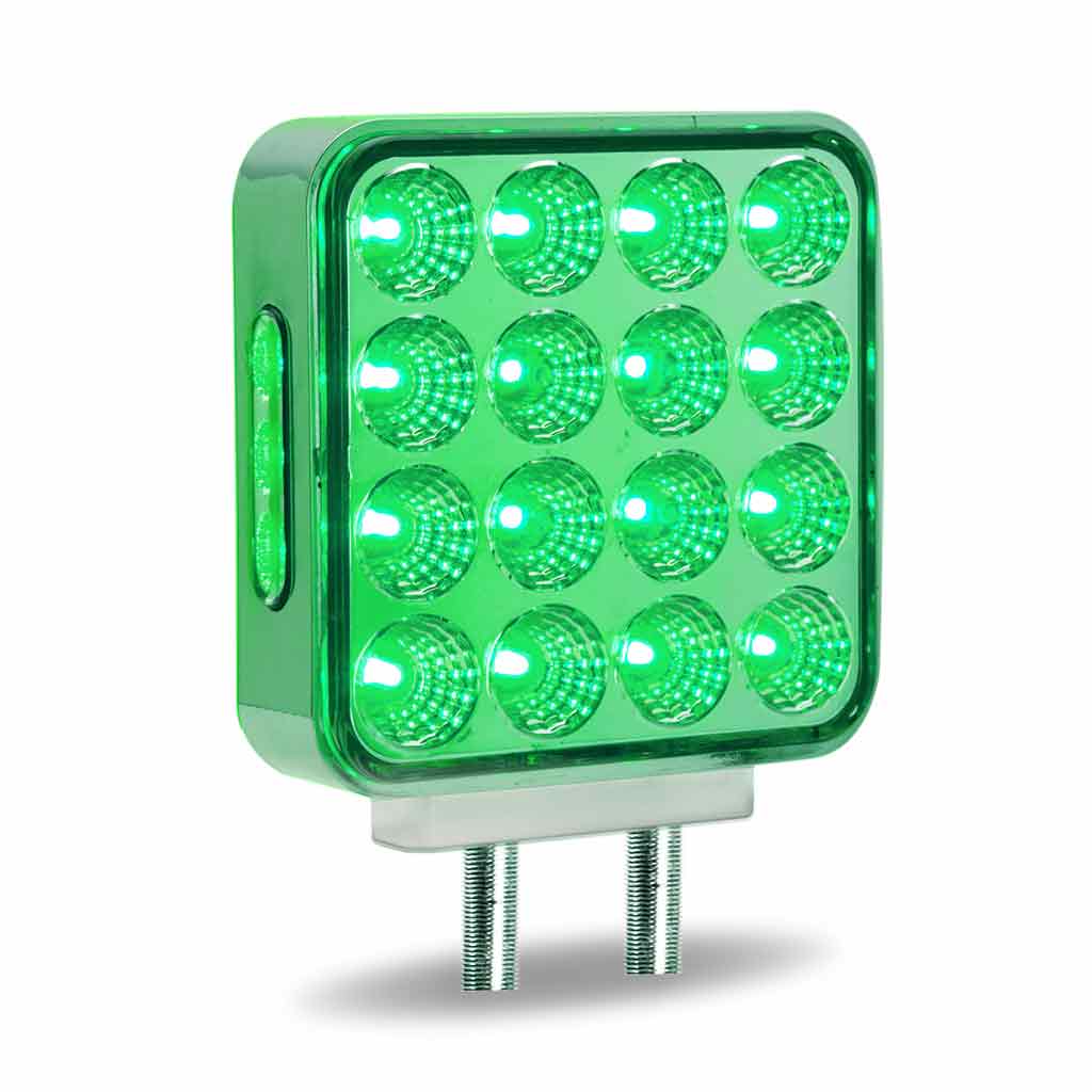 Amber/Red Turn & Marker to Green Auxiliary Square Reflector Double Face LED Light - Double Post | 38 Diodes | Clear Lens