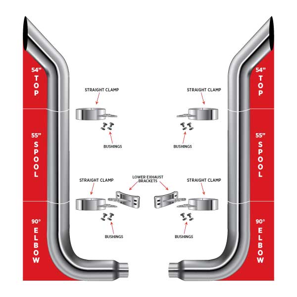 6" Dia. Complete Bullhorn Exhaust Kit - 54" Top Stacks | 55" Middle Spools | 90° Elbows 6" Reduced to 5" Dia.