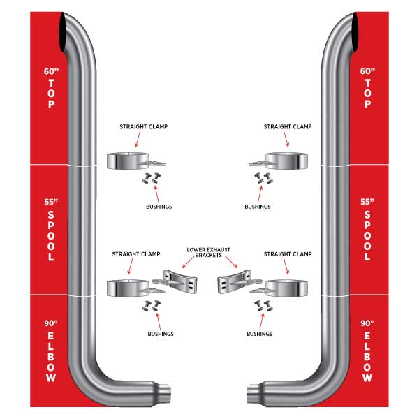 6" Dia. Complete Curved Exhaust Kit - 60" Top Stacks | 55" Middle Spools | 90° Elbows 6" Reduced to 5" Dia.