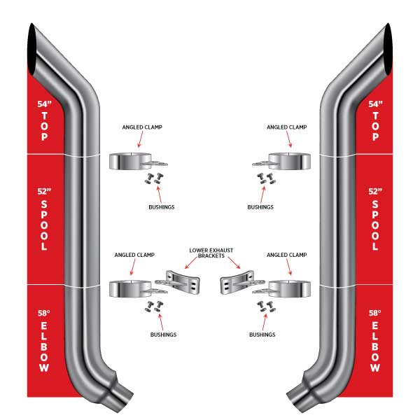 7" Dia. Complete Bullhorn Exhaust Kit - 54" Top Stacks | 52" Middle Spools | 58° Elbows 7" Reduced to 5" Dia.