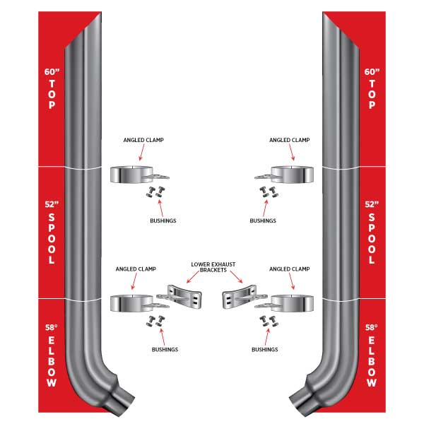 7" Dia. Complete Mitered Exhaust Kit - 60" Top Stacks | 52" Middle Spools | 58° Elbows 7" Reduced to 5" Dia.