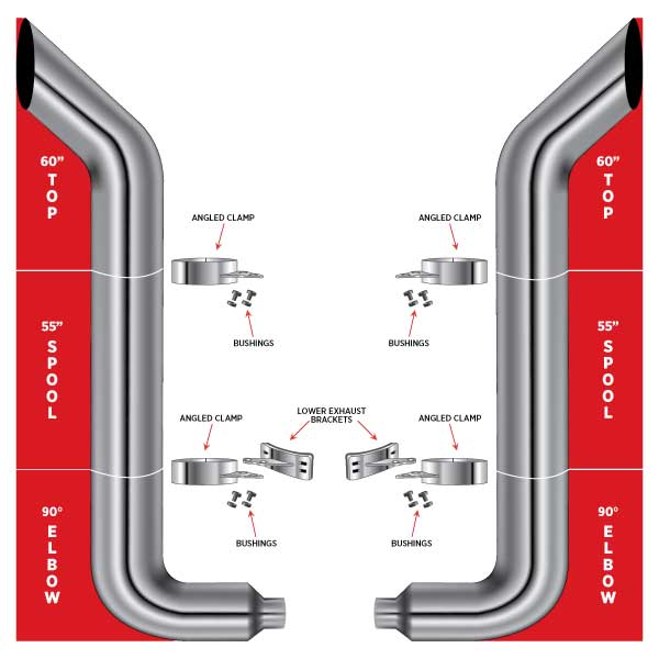 8" Dia. Complete Bullhorn Exhaust Kit - 60" Top Stacks | 55" Middle Spools | 90° Elbows 8" Reduced to 5" Dia.