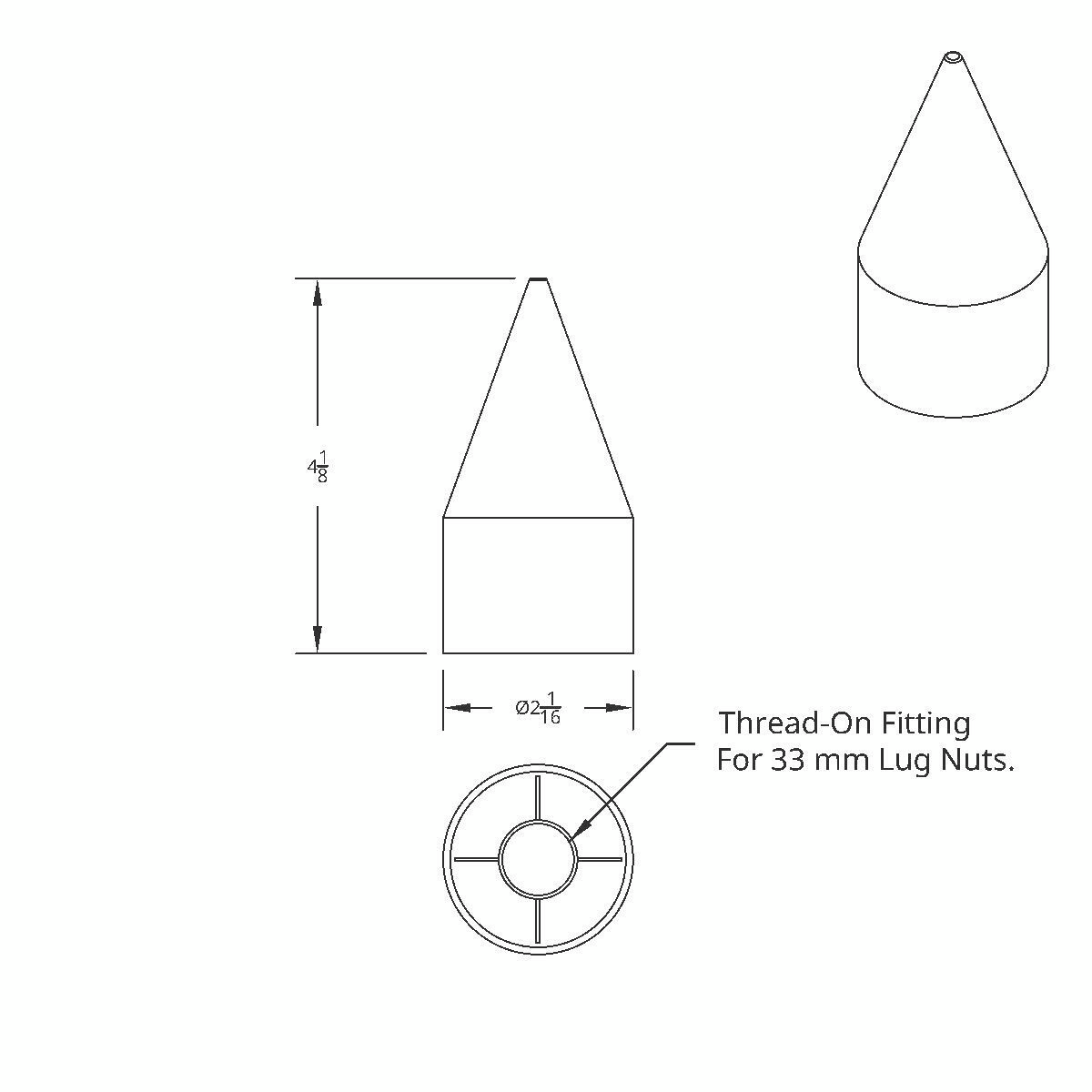 33mm x 4-1/8" Matte Black Spike Nut Cover - Thread-On (Bulk) - Thumbnail 5