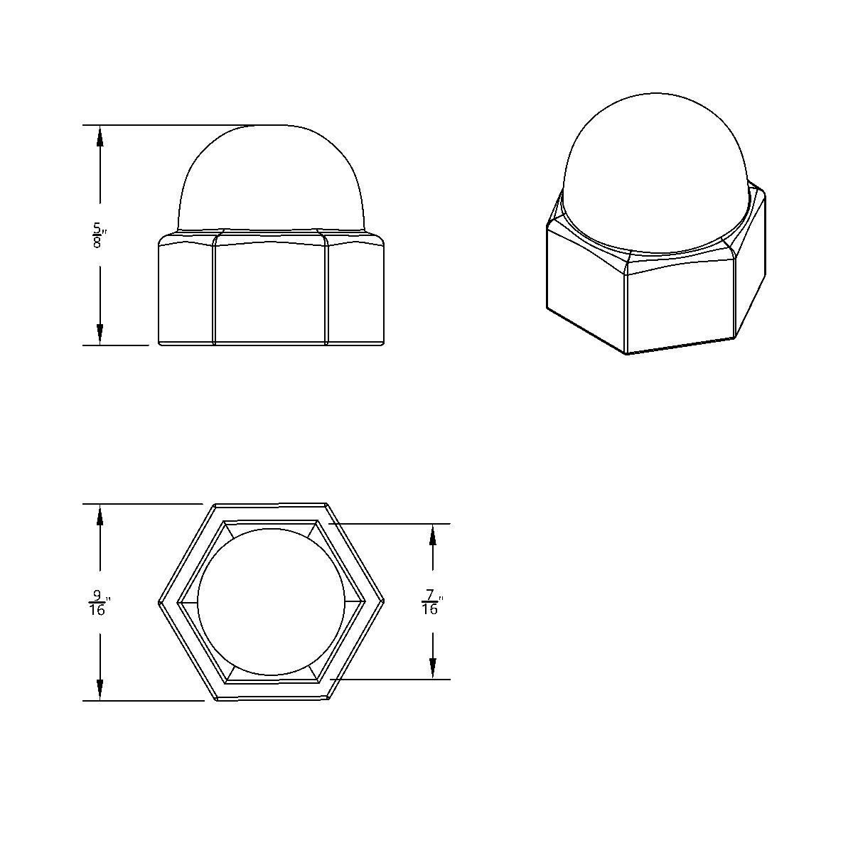7/16" X 5/8" Chrome Die-Cast Acorn Nut Cover - Thumbnail 2