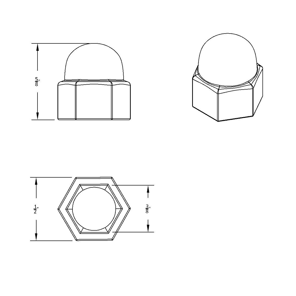 3/8" X 5/8" Chrome Die-Cast Acorn Nut Cover - Thumbnail 2