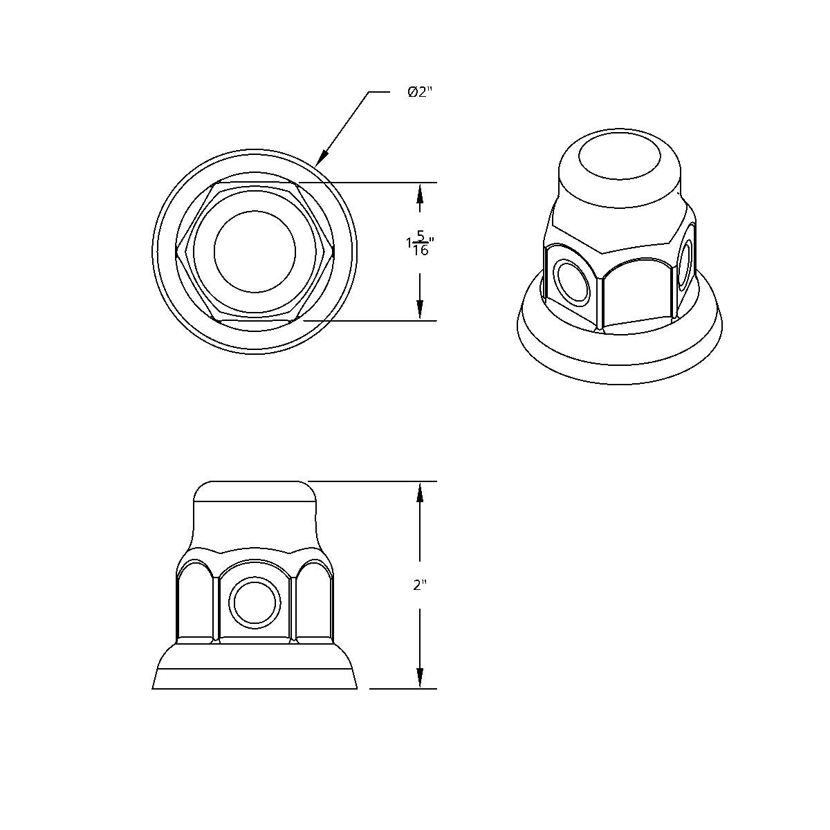 33mm X 2" Chrome Steel Tall Nut Cover With Flange - Thumbnail 3