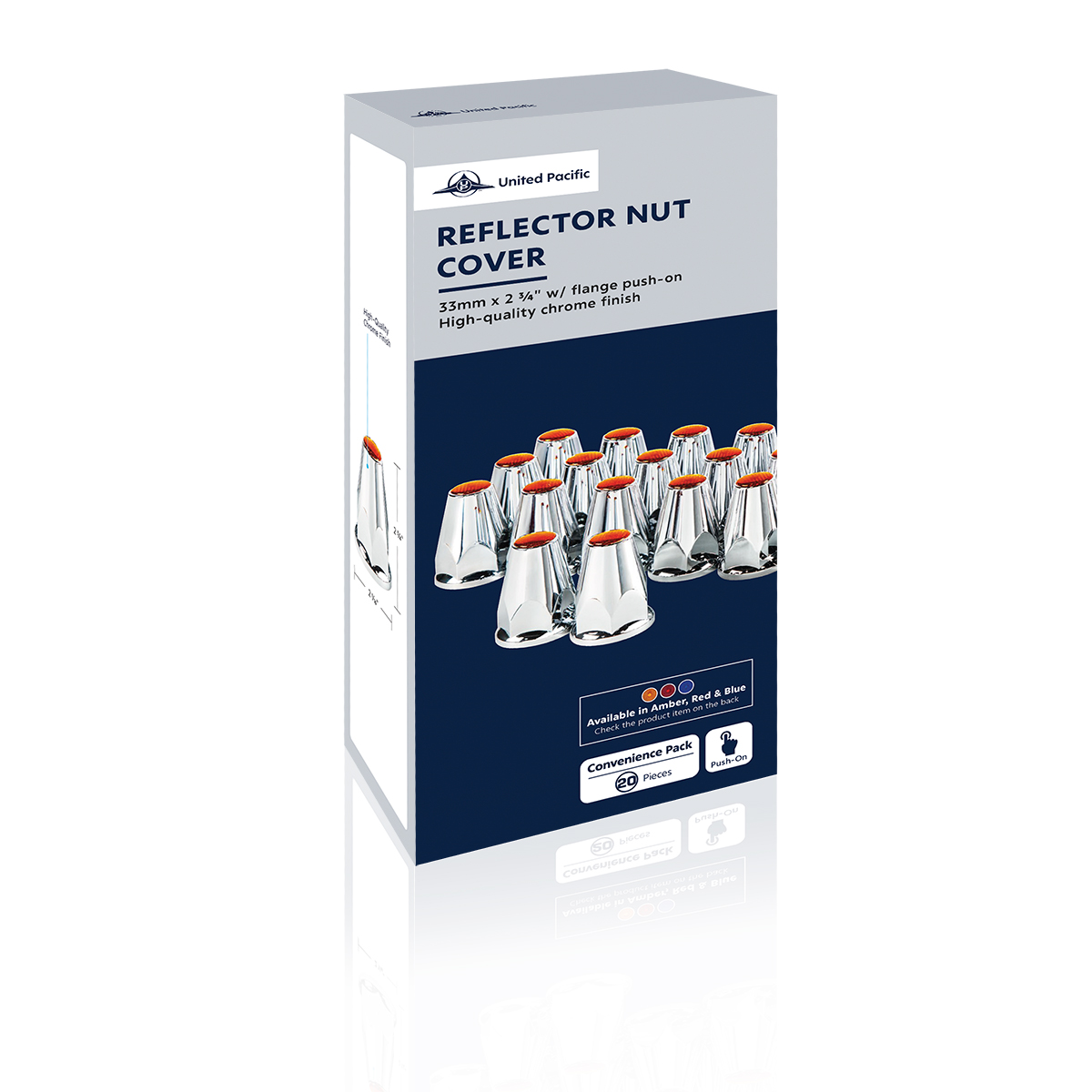 33mm X 2-3/4" Chrome Plastic Nut Covers With Flange - Push-On -Blue Reflector (Color Box of 20) - Thumbnail 5