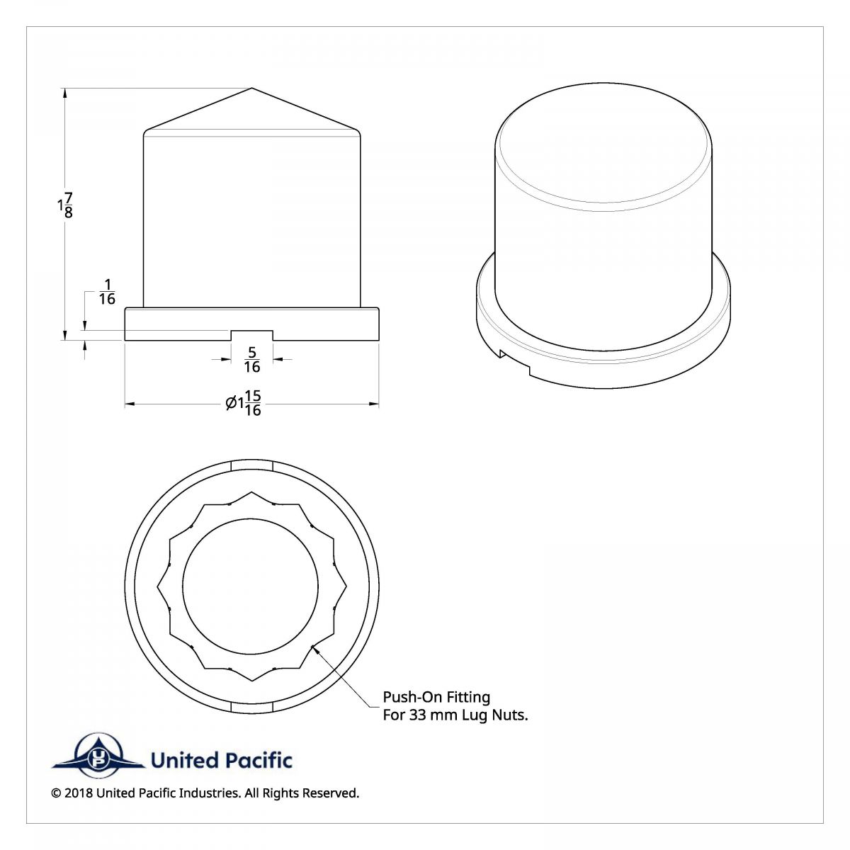 33mm X 1-7/8" Chrome Plastic Pointed Nut Cover - Push-On - Thumbnail 2