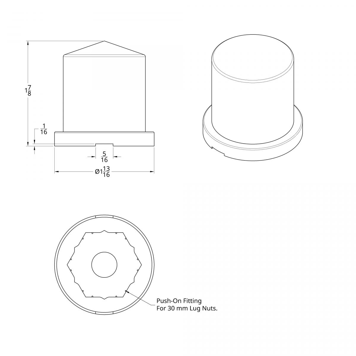 30mm X 1-7/8" Chrome Plastic Pointed Nut Cover - Push-On - Thumbnail 2