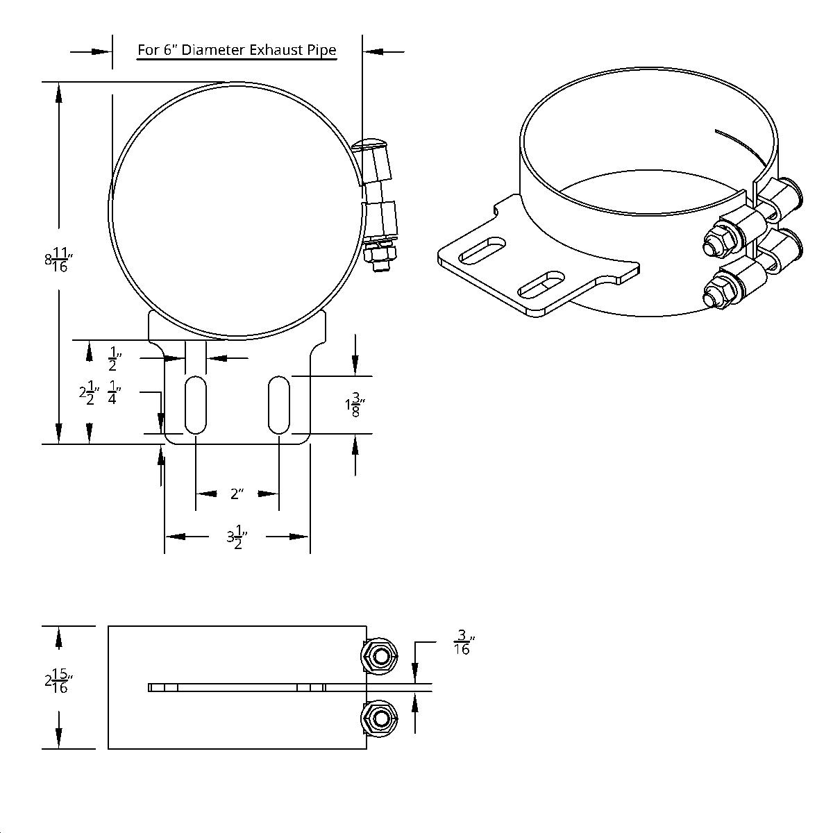 6" Stainless Butt Joint Exhaust Clamp - Straight Bracket - Thumbnail 3
