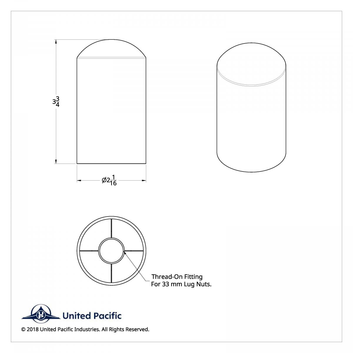 33mm X 3-3/4" Matte Black Dome Nut Cover - Thread-On (Bulk) - Thumbnail 3