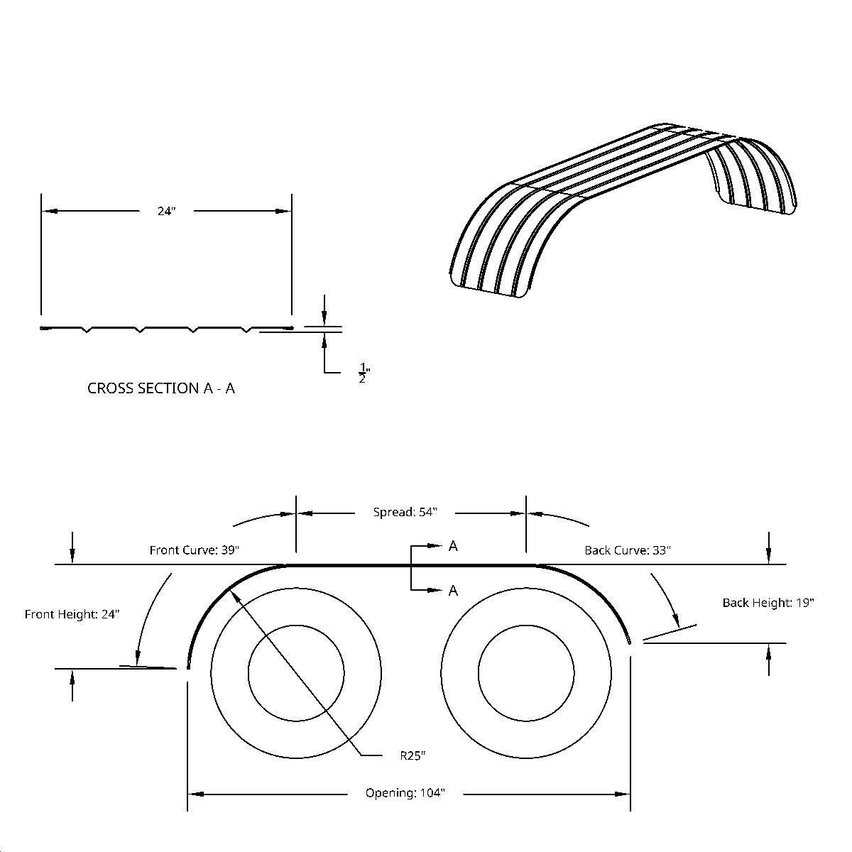 126" 430 Stainless Steel (18ga) Beaded Edge Ribbed Full Fender  54" Spread - SR Series (Pair) - Thumbnail 9