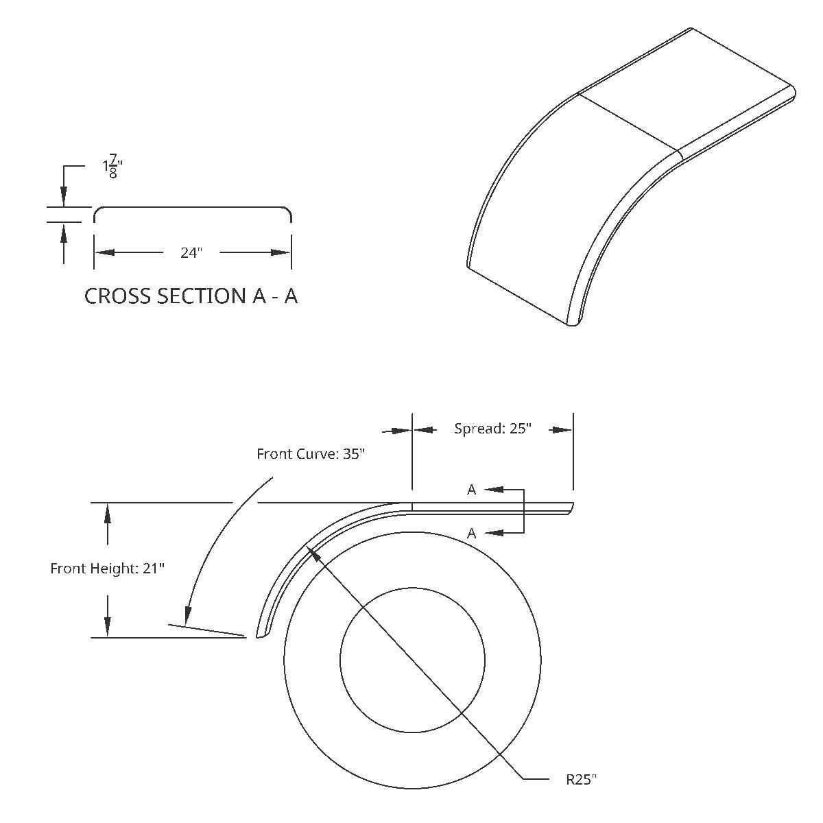 60" 430 Stainless Steel (16ga) Roll Formed Edge Smooth Half Fender - SS Series (Pair) - Thumbnail 11