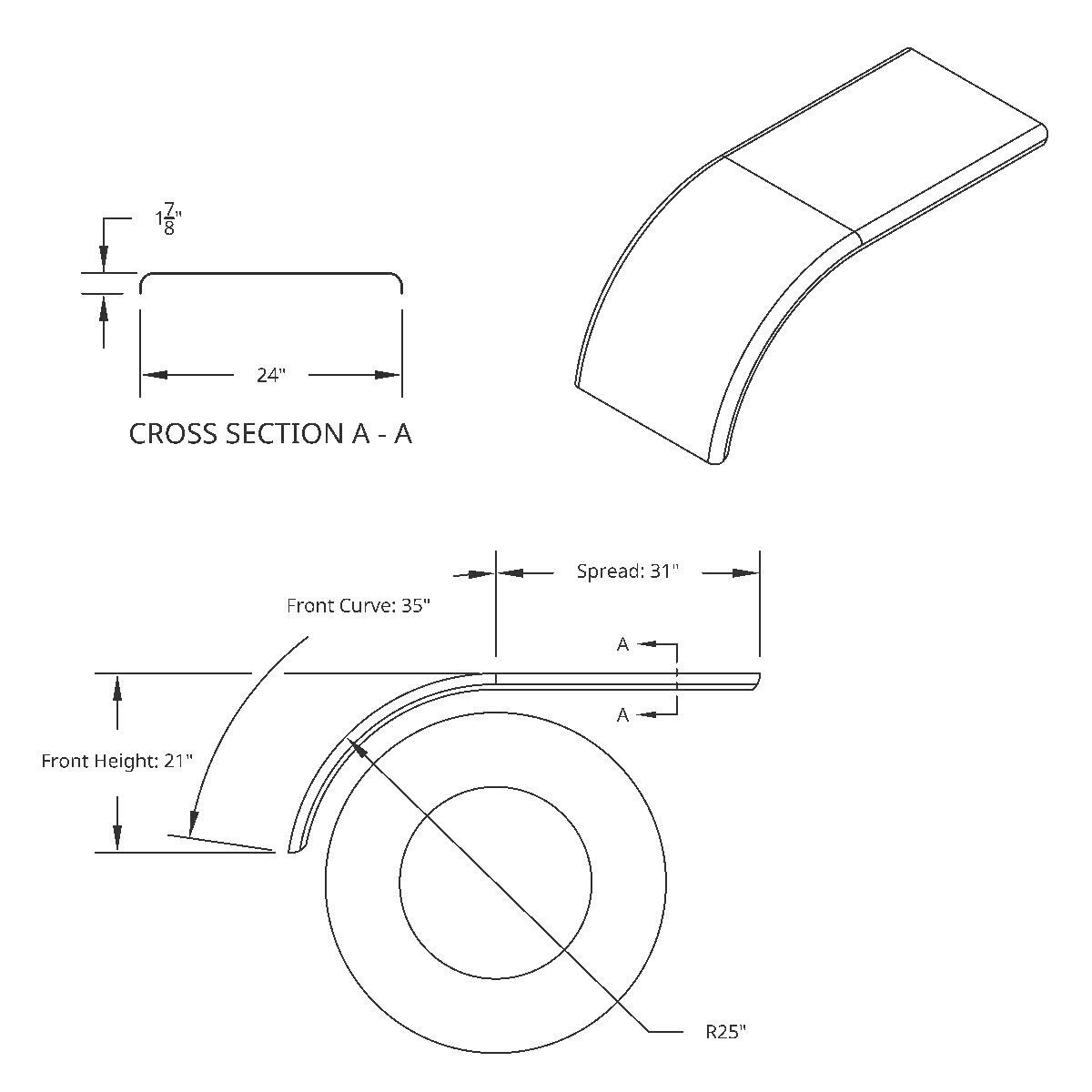 66" 430 Stainless Steel (16ga) Roll Formed Edge Smooth Half Fender - SS Series (Pair) - Thumbnail 11