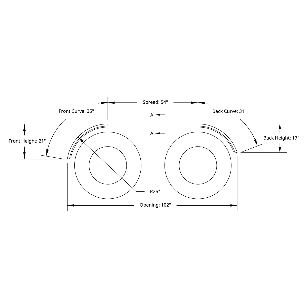 120" 430 Stainless Steel (16ga) Roll  Formed Edge Smooth Full Fender 54" Spread - SS Series (Pair) - Thumbnail 2