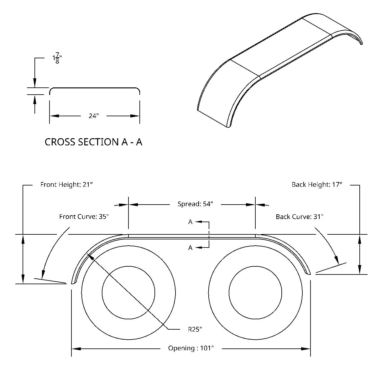 120" 430 Stainless Steel (16ga) Roll  Formed Edge Smooth Full Fender 54" Spread - SS Series (Pair) - Thumbnail 11