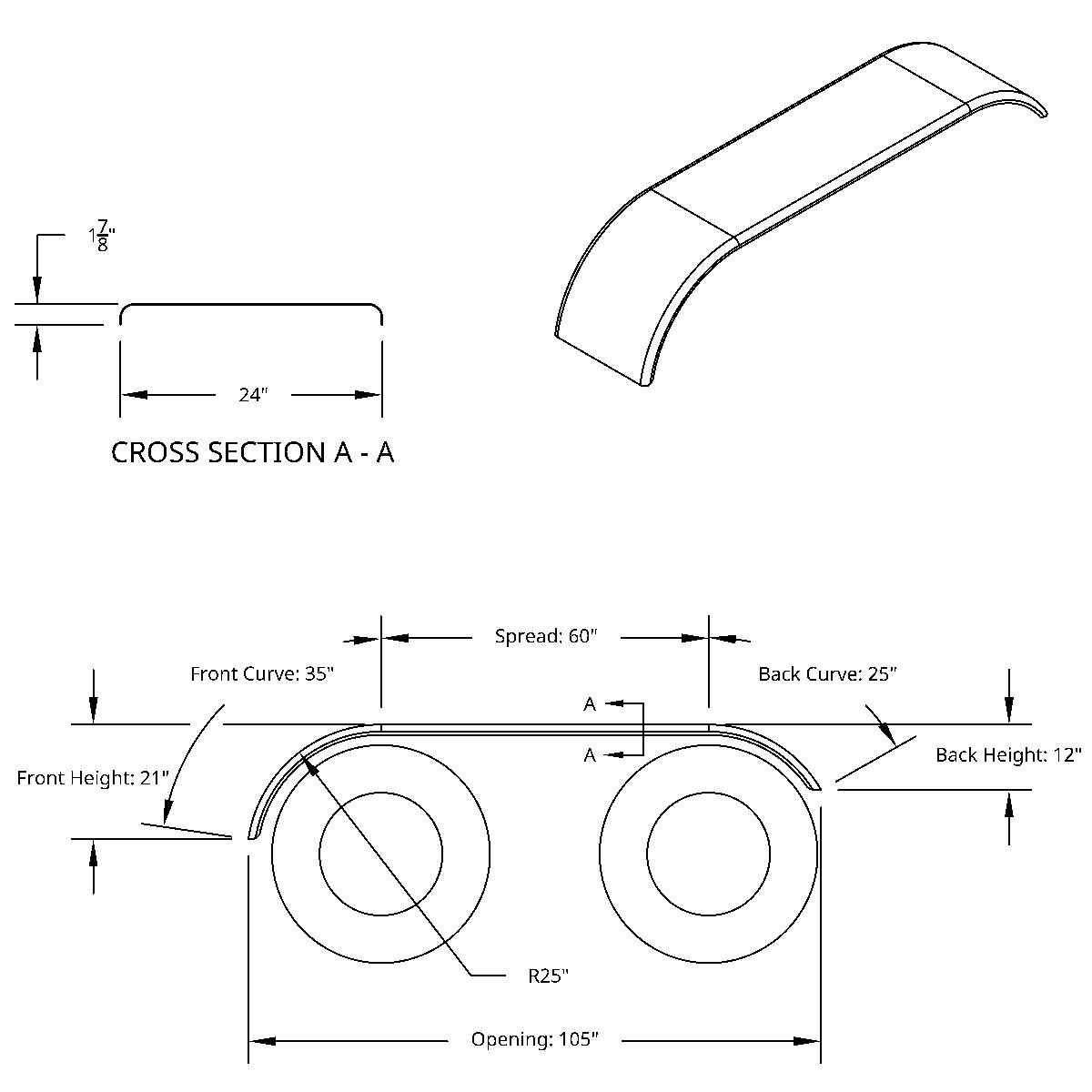 120" 430 Stainless Steel (16ga) Roll  Formed Edge Smooth Full Fender 60" Spread - SS Series (Pair) - Thumbnail 11