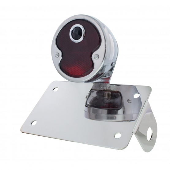 Chrome Horizontal Side Mount LP Bracket For Motorcycle With 1932 "DUO Lamp" Blue Dot Lens Tail Light